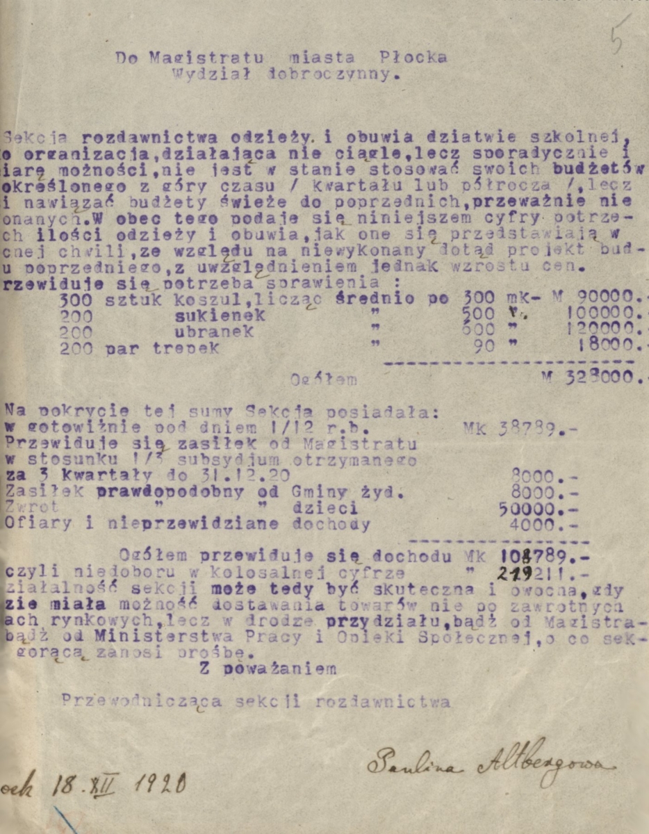 Letter from Paulina Altberg to the Municipality of Płock of December 18, 1920 on the activities and expenses of the section of distribution of clothes and shoes for school children at the Jewish Charity Society (State Archives in Płock, Files of the town of Płock, reference number 24449) 